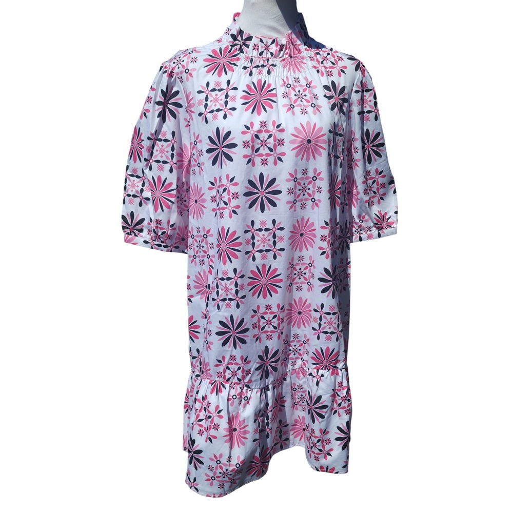 NWT Tyler Boe Womens Floral Smocked High Neck Puff Sleeve Cotton Shift Dress M